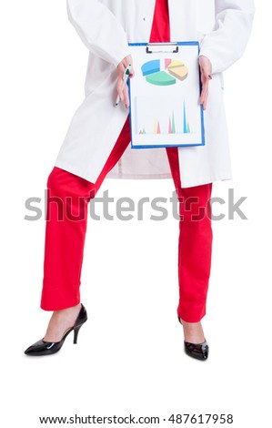 Female doctor in high heels and medical uniform holding clipboard with diagrams on white background