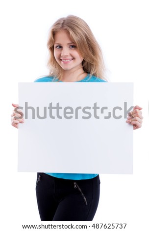 beautiful blond girl holding empty white board, on white background, isolated