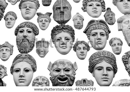 Greek ancient stone theatrical masks - classical greek sculptures - greek mythology. Royalty-Free Stock Photo #487644793