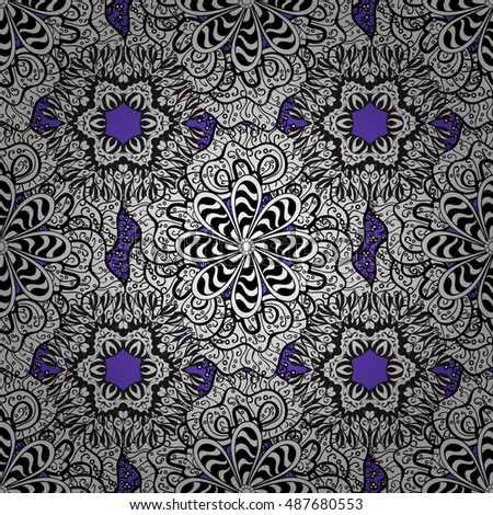 Seamless vintage pattern on lilac background with white floral elements with shadows.