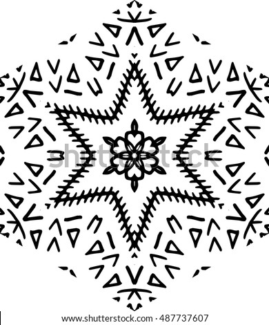 Hexagon mandala pattern. Tribal freehand medallion print. Ethnic hexagon mandala print for t-shirt. Free hand drawing vector motif. Black and whithe grunge ornament