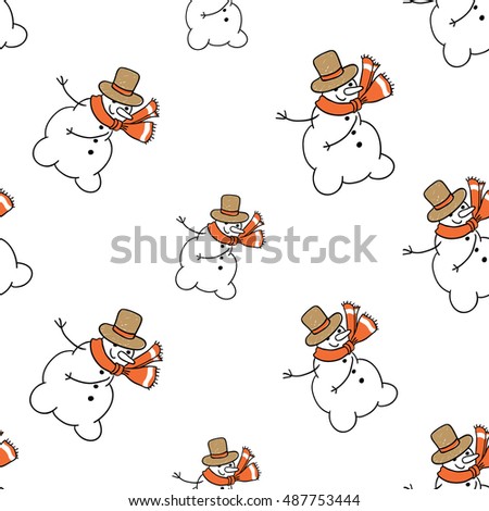 Christmas seamless pattern with snowman. Beautiful vector background for decoration xmas designs. Cute minimalistic art elements on white backdrop.