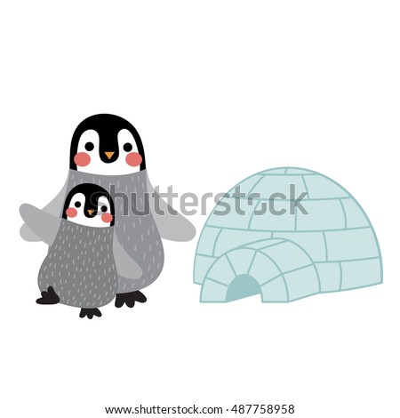 Penguin mother and child in front of igloo animal cartoon character isolated on white background.