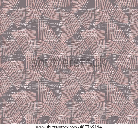 Wavy trapezoids pink overplayed with texture.Hand drawn with ink seamless background.Rough texture created with hatched geometrical shapes.