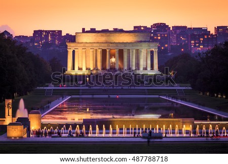 The neoclassic architecture of the Lincoln Memorial in Washington DC, USA at sunset.