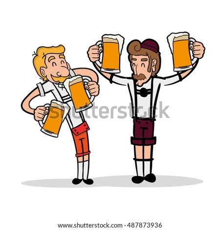 Pair of men holding beer mugs, Oktoberfest Vector illustration