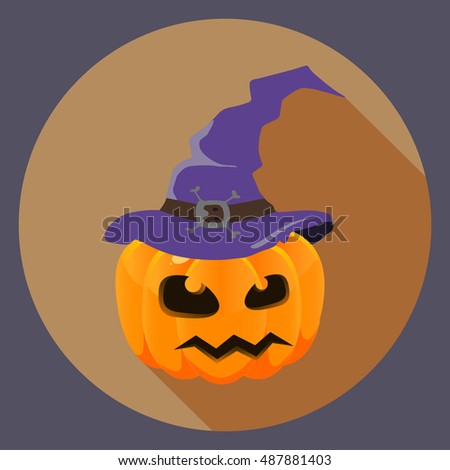 Cute halloween pumpkin in witch hat. Vector illustration for halloween party card