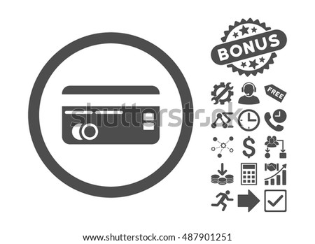 Credit Card pictograph with bonus icon set. Vector illustration style is flat iconic symbols, gray color, white background.
