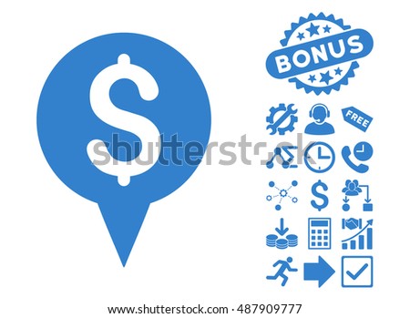Money Map Marker icon with bonus clip art. Vector illustration style is flat iconic symbols, cobalt color, white background.