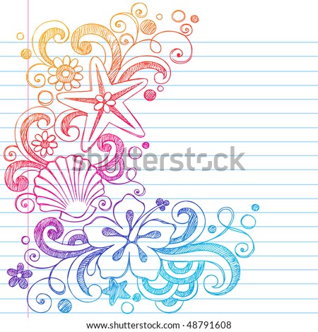 Hand-Drawn Tropical Hibiscus Flowers, Shells, and Starfish Summer Beach Sketchy Notebook Doodles Vector Illustration on Lined Sketchbook Paper Background