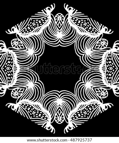 Logo Medallion. Ethnic lace doily ornament. Hand drawn black white mandala. Orient traditional background. Henna mehndi design element. Circular ornament. Indian, islamic, asian, ottoman arabic motif