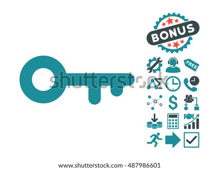 Key pictograph with bonus symbols. Vector illustration style is flat iconic bicolor symbols, soft blue colors, white background.