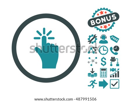 Click icon with bonus clip art. Vector illustration style is flat iconic bicolor symbols, soft blue colors, white background.