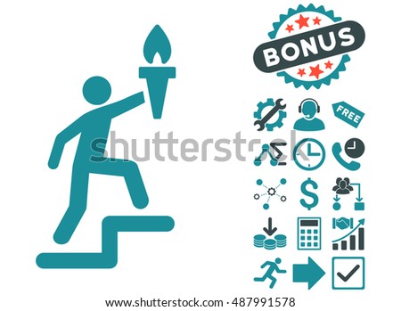 Climbing Leader With Torch pictograph with bonus pictures. Vector illustration style is flat iconic bicolor symbols, soft blue colors, white background.