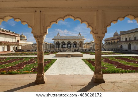Red Fort is the former imperial residence of the Mughal Dynasty located in Agra, India. It is also a UNESCO World Heritage site and is about 2.5 km northwest of its more famous monument the Taj Mahal. Royalty-Free Stock Photo #488028172