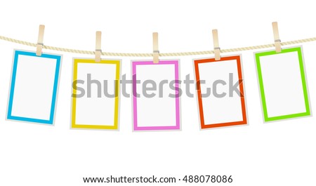 photo frames hanging on a rope with clothespins. vector 