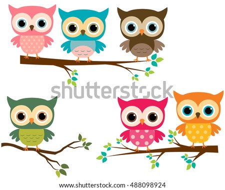 Vector Set of Cute Owls and Cartoon Branches