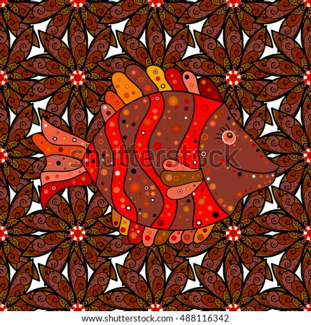 Doodles colorful fishes on brown flower doodles background. Brown. Flowers. Vector.