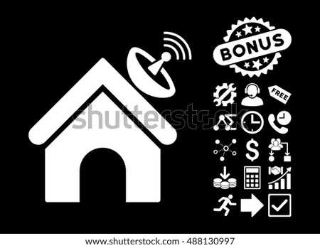 Space Antenna Building pictograph with bonus clip art. Vector illustration style is flat iconic symbols, white color, black background.