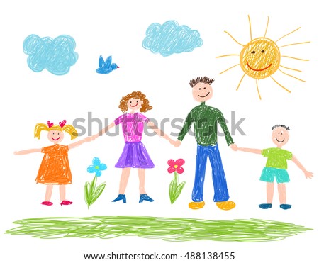 Children drawing, Happy family. 