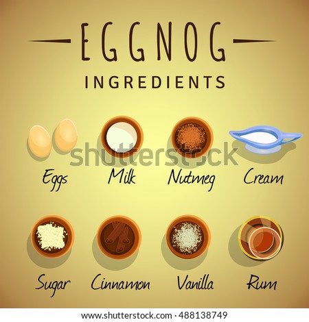 Vector illustration of eggnog cocktail ingredients. Beige background