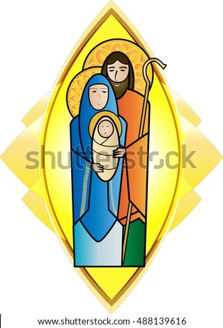 Christmas nativity religious Holy family scene, Joseph, Mary and baby child Jesus in a light mandorla. Modern simple color vector illustration.