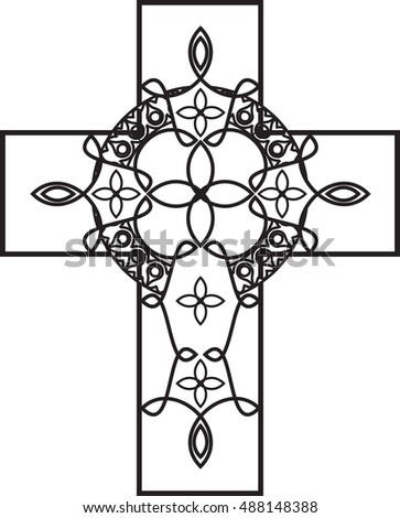 celtic style ornamental decorative cross. Line art black and white vector illustration.