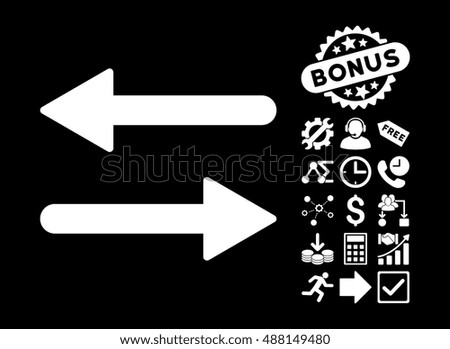 Arrows Exchange Horizontal icon with bonus clip art. Vector illustration style is flat iconic symbols, white color, black background.