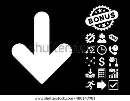 Arrow Down pictograph with bonus clip art. Vector illustration style is flat iconic symbols, white color, black background.
