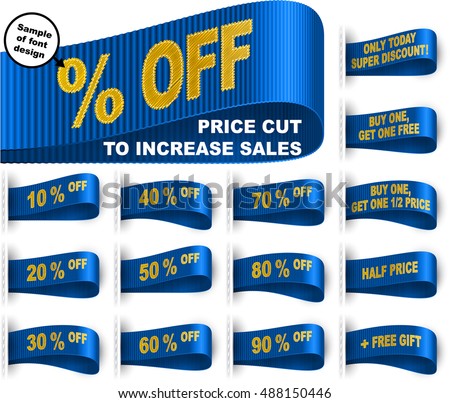 Clothes labels with price cut percentages and phrases for sales promotion; Only today discount; Buy one, get one free gift; Half price; 10, 20, 30, 40, 50, 60, 70, 80, 90% off; Blue vector set Eps10