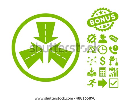 Merge Directions icon with bonus pictures. Vector illustration style is flat iconic symbols, eco green color, white background.