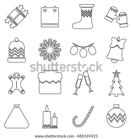 Christmas icons set in outline style. Winter holiday elements set collection vector illustration