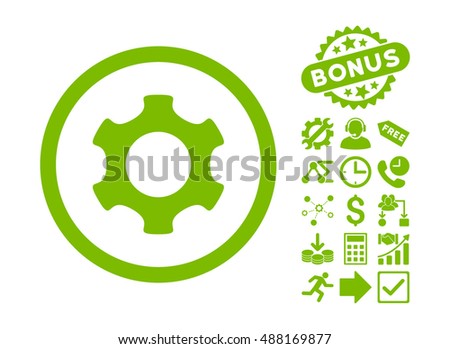 Gear icon with bonus clip art. Vector illustration style is flat iconic symbols, eco green color, white background.