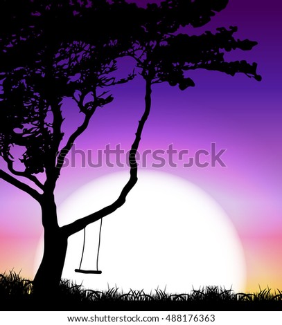Silhouette of Tree on Sunset Background.  Illustration 