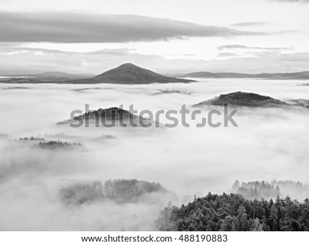 Heavy mist in landscape. Magnificent  autumn creamy fog in countryside. Hill increased from fog, the fog. Black and white photo. 