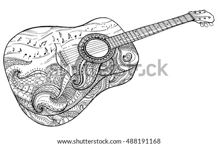 Stylized classical guitar. Retro guitar. Musical instrument. Music. Rock. Line art. Drawing by hand. Graphic arts. Tattoo. Doodle.