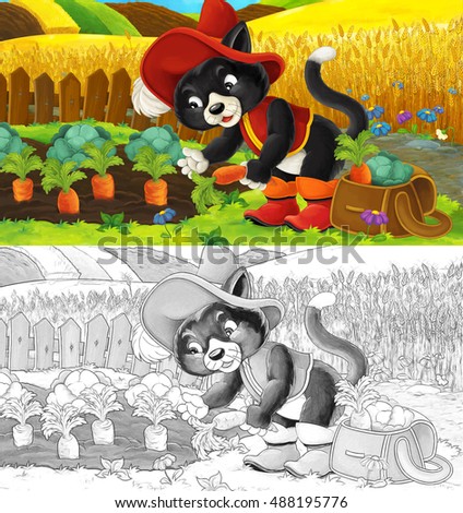 Cartoon cat working in the field - gathering carrots - with coloring page - illustration for children