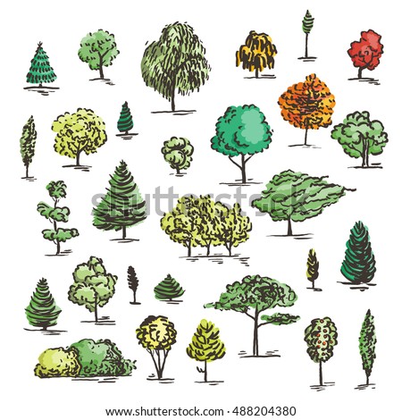 Set of hand drawn colorful trees. Ink style. Raster collection.