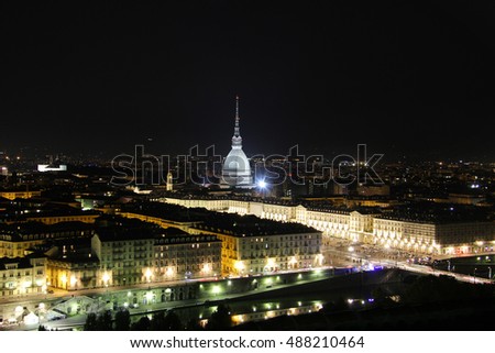 Night view of the Turin city center with Mole Antonelliana, Turin,Italy,Europe