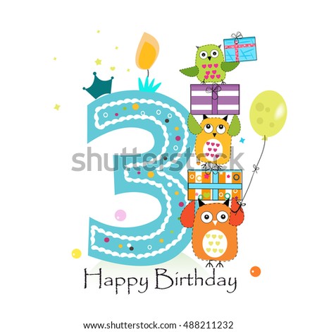 Happy third birthday with owls and gift box. Baby boy birthday greeting card vector illustration