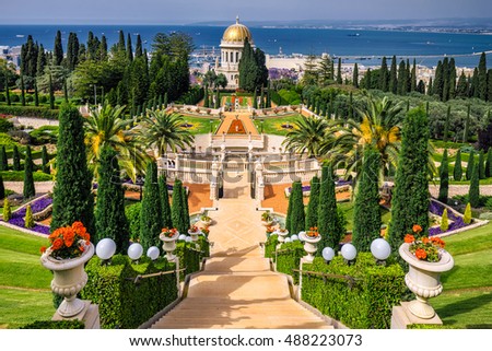 Bahai gardens and temple on the slopes of the Carmel Mountain and view of the Mediterranean Sea and bay of Haifa city, Israel Royalty-Free Stock Photo #488223073