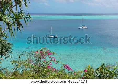 Sailboat anchored in blue water of a lagoon with tropical vegetation in foreground, south Pacific ocean, Huahine island, French Polynesia