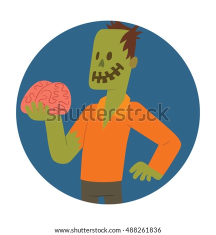 Vector round blue frame with cartoon image of a funny zombie with green skin torn black pants, orange shirt with pink brain in hand in the center on a white background. Halloween. Vector illustration.