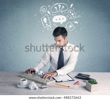 A confused office worker in trouble  making silly face using magnifying glass with illustrated question mark bubbles concept