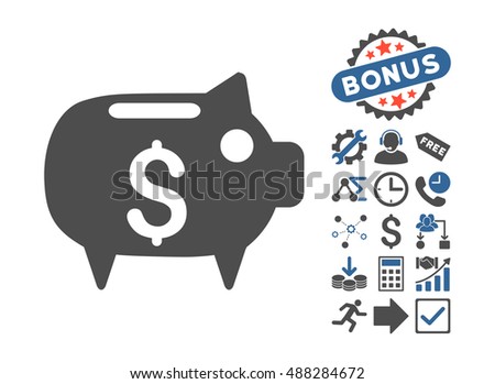 Piggy Bank pictograph with bonus clip art. Vector illustration style is flat iconic bicolor symbols, cobalt and gray colors, white background.