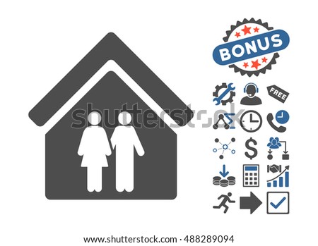 Family House icon with bonus clip art. Vector illustration style is flat iconic bicolor symbols, cobalt and gray colors, white background.