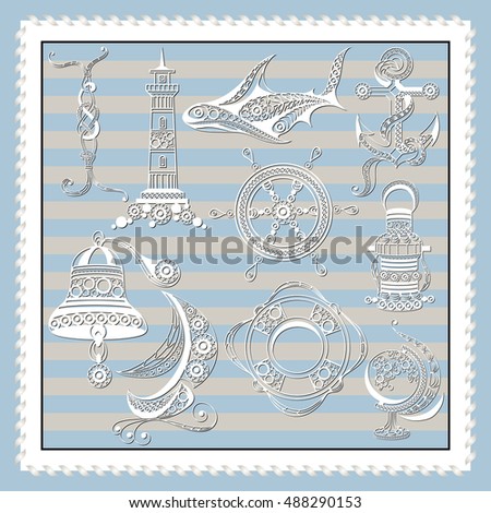 Graphic abstract sailor elements (set, kit) in line art style. Suitable for invitation, flyer, sticker, poster, banner, card, label, cover, web. Vector illustration.