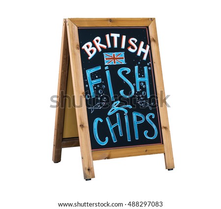 British Fish and Chips - Chalkboard advertising stand for the traditional british fast food menu. Isolated on white.