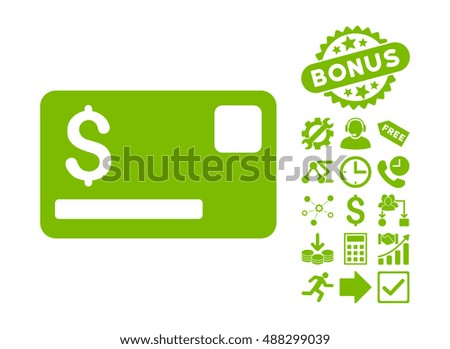 Credit Card icon with bonus clip art. Vector illustration style is flat iconic symbols, eco green color, white background.