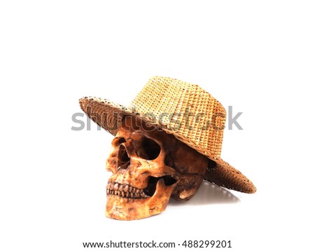 Skull and farmer hat on white background isolate